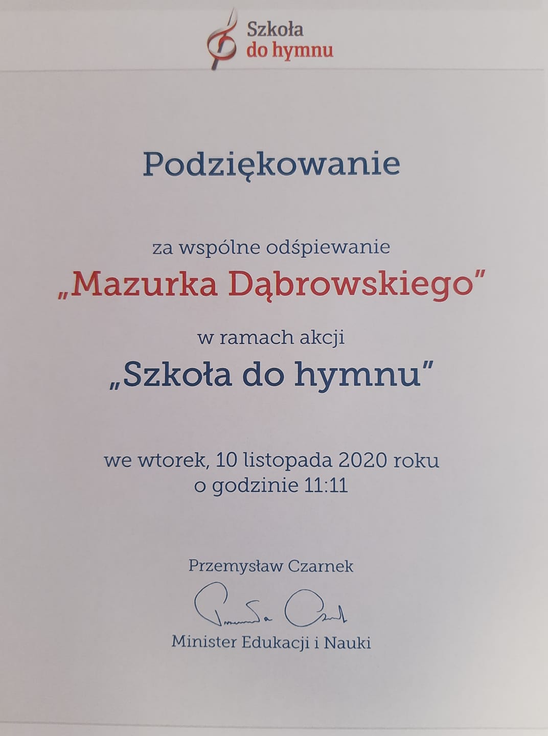 Podziękowanie za udział w akcji "Szkoła do hymnu"