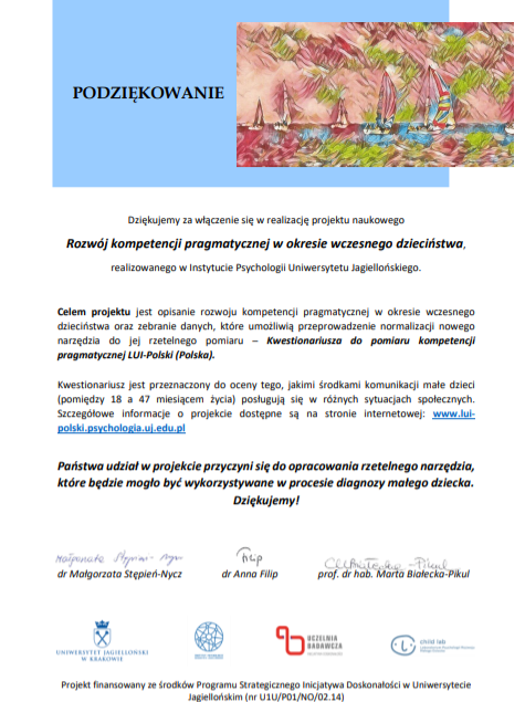 Udział w projekcie naukowym "Rozwój kompetencji pragmatycznej w okresie wczesnego dzieciństwa"