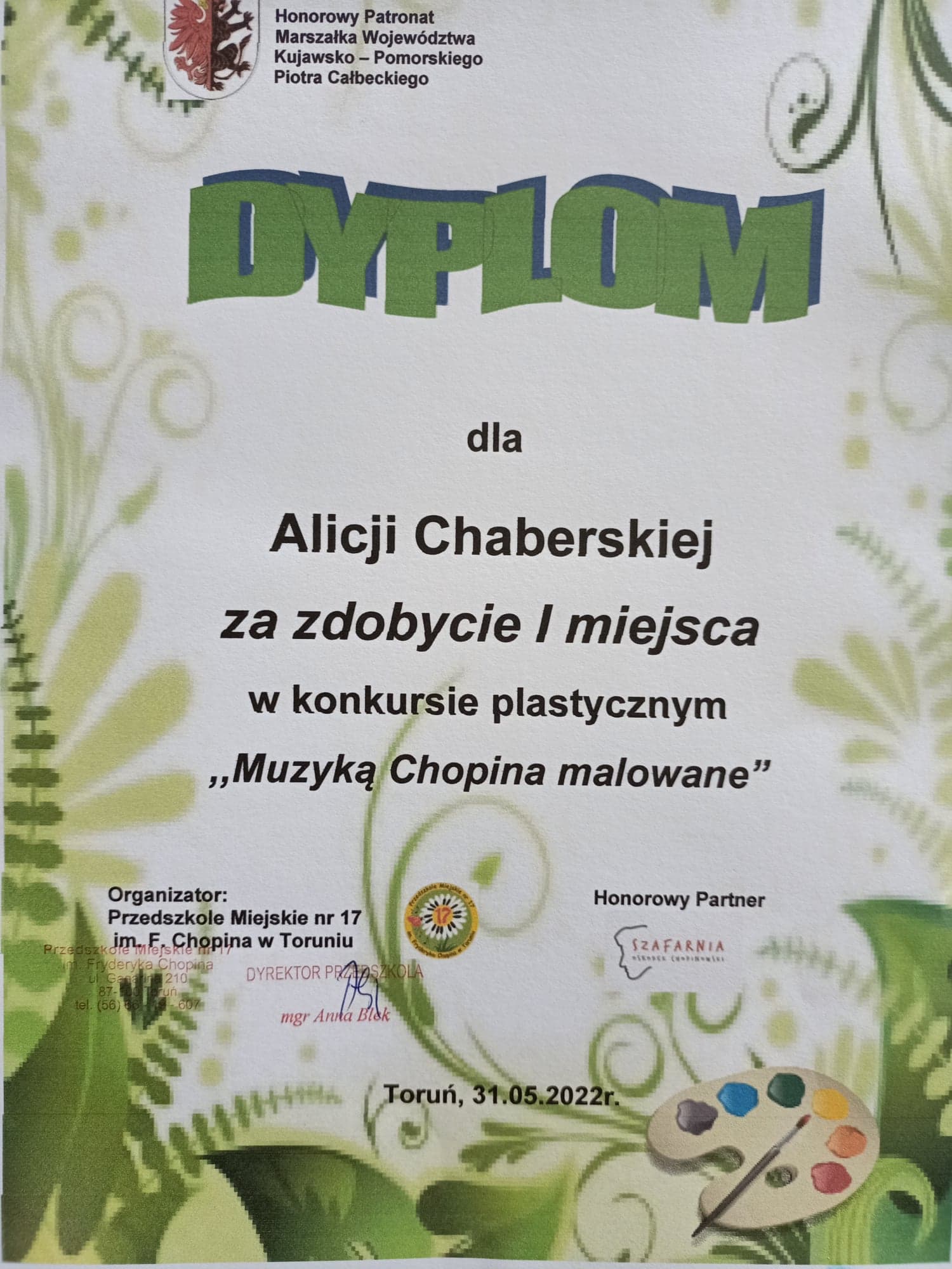 I miejsce w Konkursie Plastycznym "Muzyką Chopina malowane"